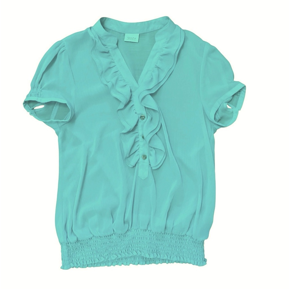 Suzy Shier Mint Blue Blouse Relaxed Fit ruffles